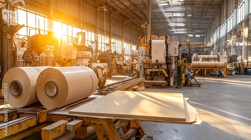 Large rolls of paper being produced in a paper mill, paper production process, industrial manufacturing