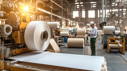 Large rolls of paper being produced in a paper mill, paper production process, industrial manufacturing