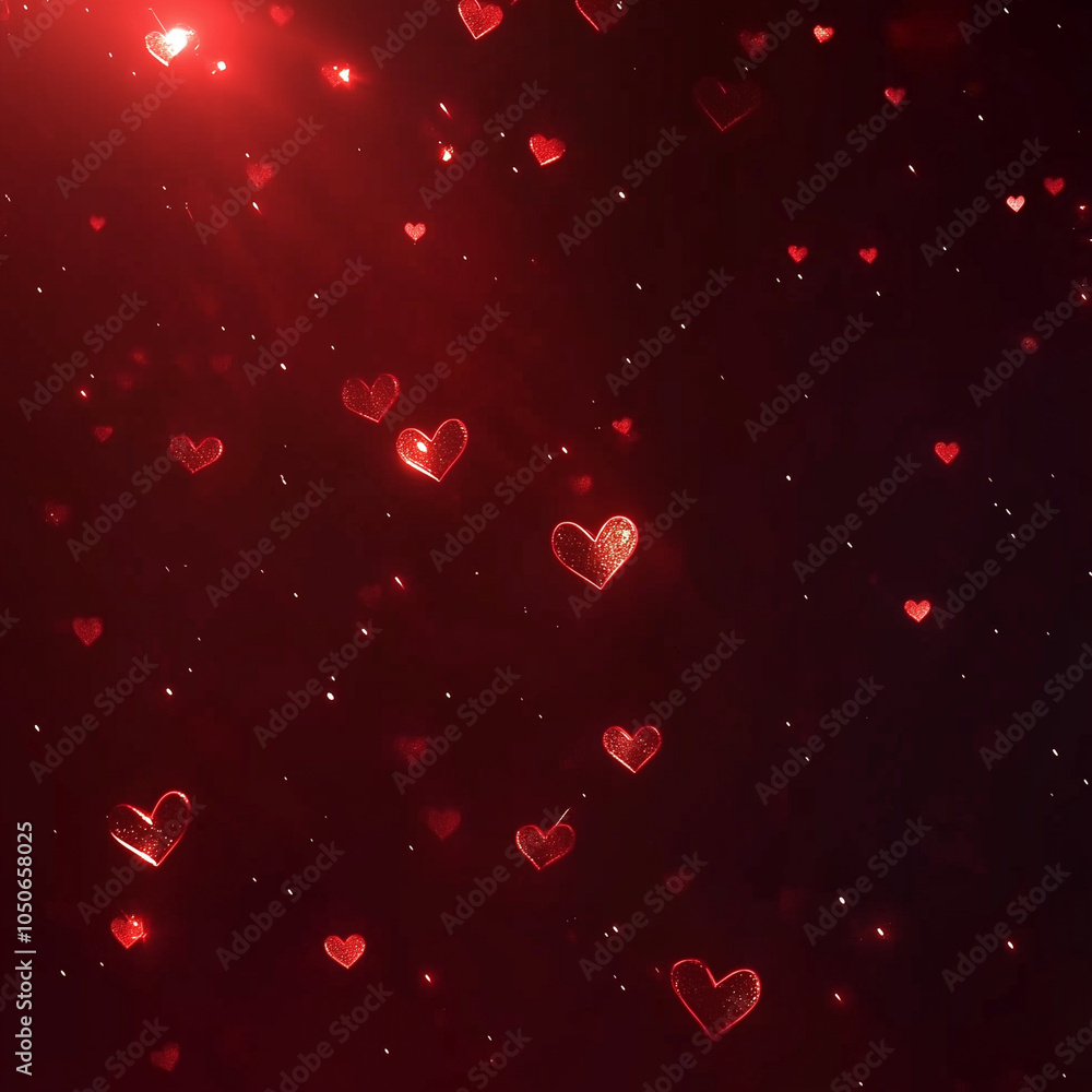 Glittering red hearts floating against dark background Glittering red hearts floating against dark background