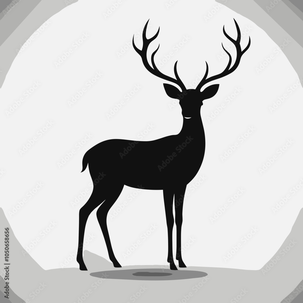 Obraz premium Black silhouette of a standing deer with antlers on a soft gradient background