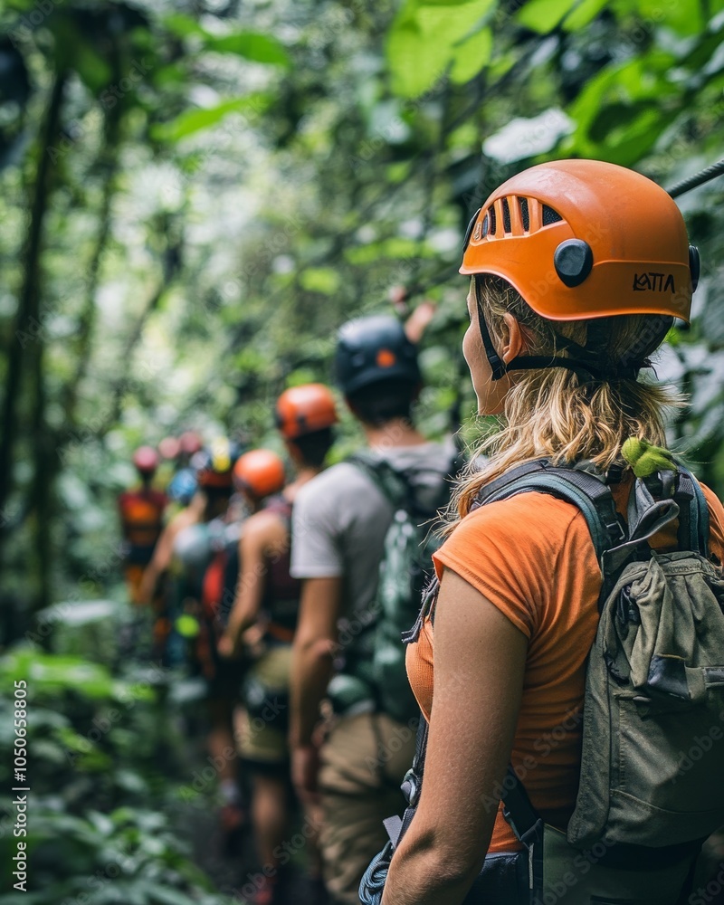 People trekking in a dense jungle, helmets and gear visible, concept of teamwork, adventure, and nature exploration, outdoor scene. People trekking in a dense jungle, helmets and gear visible, concept of teamwork, adventure, and nature exploration, outdoor scene.