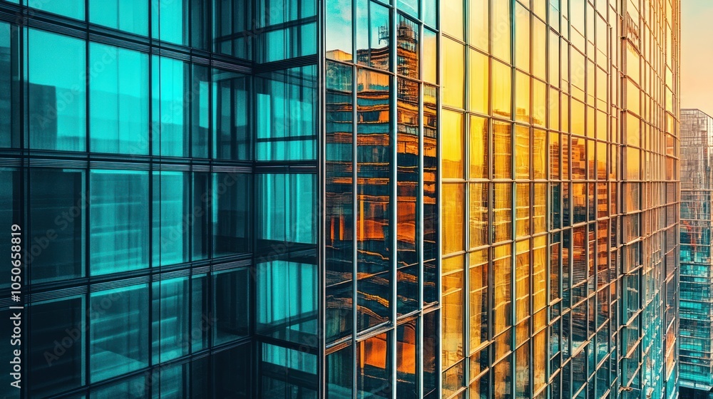 Obraz premium A close-up view of a modern office building with a glass facade, reflecting the sunset.