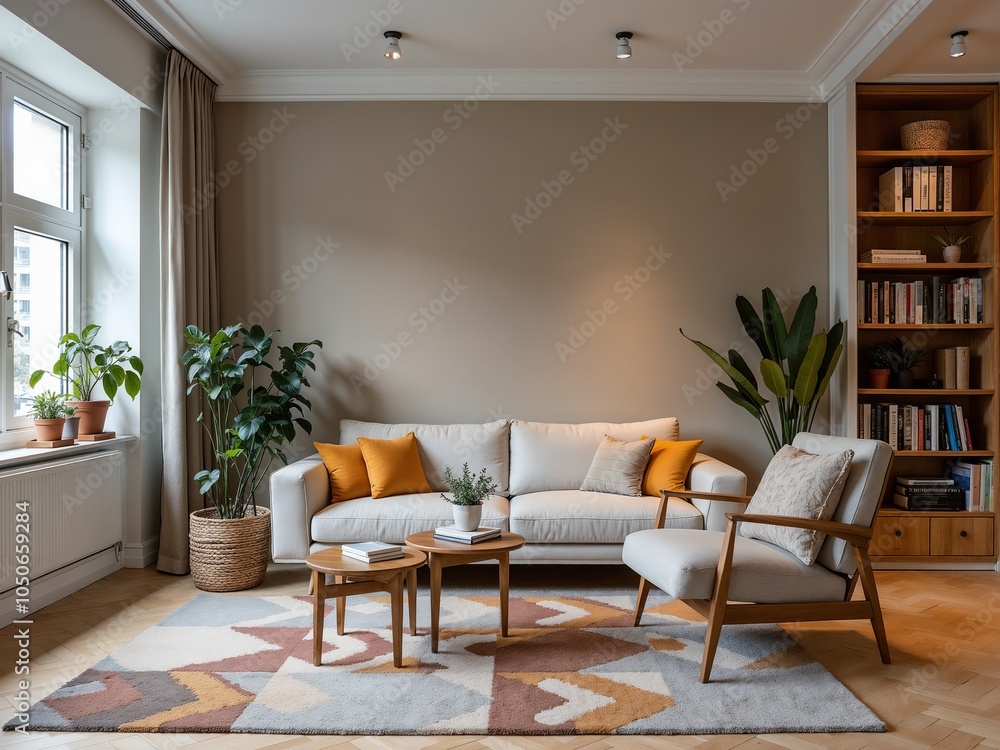 Fototapeta premium Stylish Modern Living Room with Cozy Furniture and Green Plants
