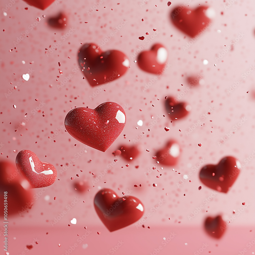 Red glossy hearts falling against pink background with confetti Red glossy hearts falling against pink background with confetti