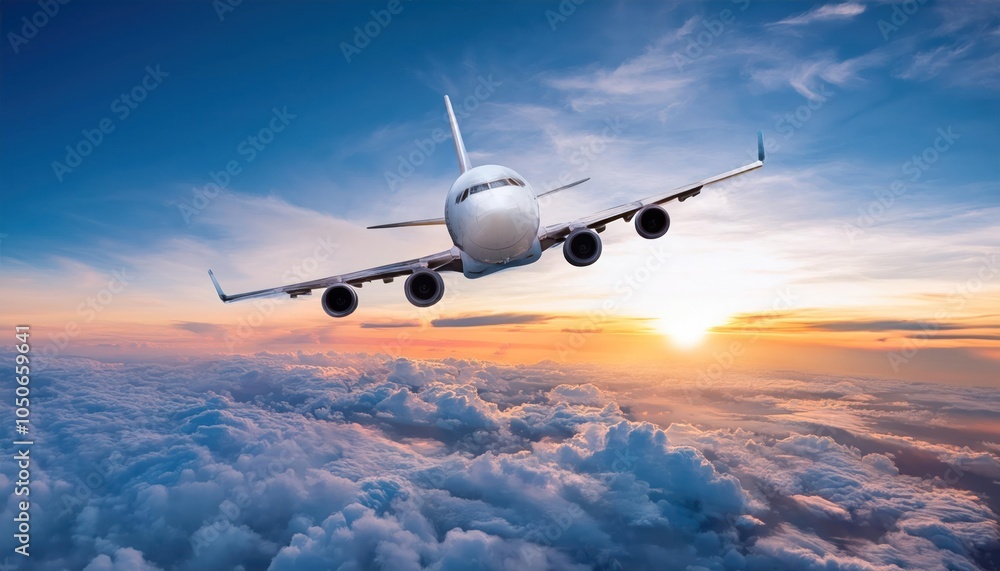 Naklejka premium Commercial Airplane Jetliner Flying Above Dramatic Clouds in Sunset Light