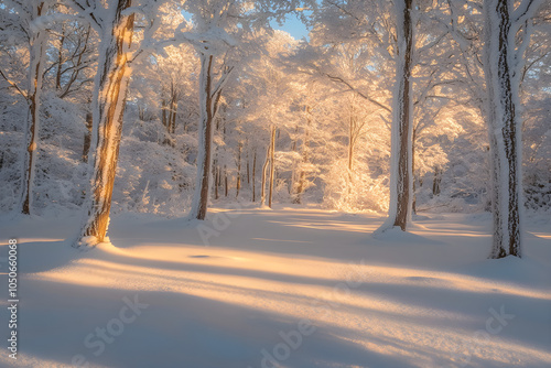 Beautiful winter forest landscape with tall trees covered in snow at sunset. AI generative. photo