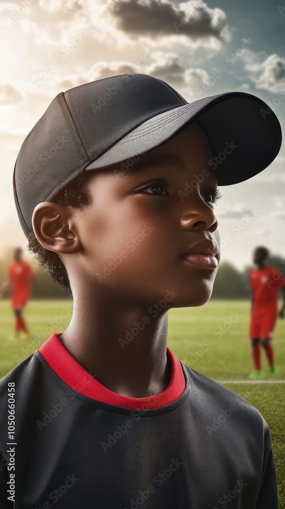 A young Black boy dons a sporty cap as he plays soccer with teammates on the field A young Black boy dons a sporty cap as he plays soccer with teammates on the field