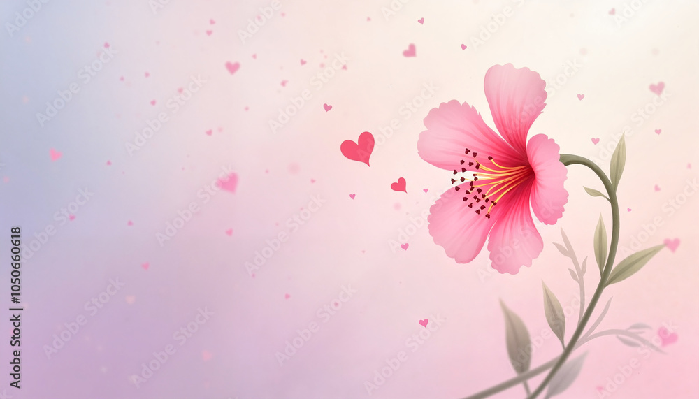 Charming pink flower with floating hearts in a soft pastel background, symbolizing love and affection, copy space Charming pink flower with floating hearts in a soft pastel background, symbolizing love and affection, copy space