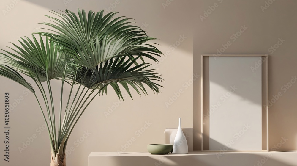 Fototapeta premium A large palm plant adds a touch of nature to a fresh indoor space, complemented by a simple white vase and an empty frame against a warm wall, enhancing a minimalist aesthetic