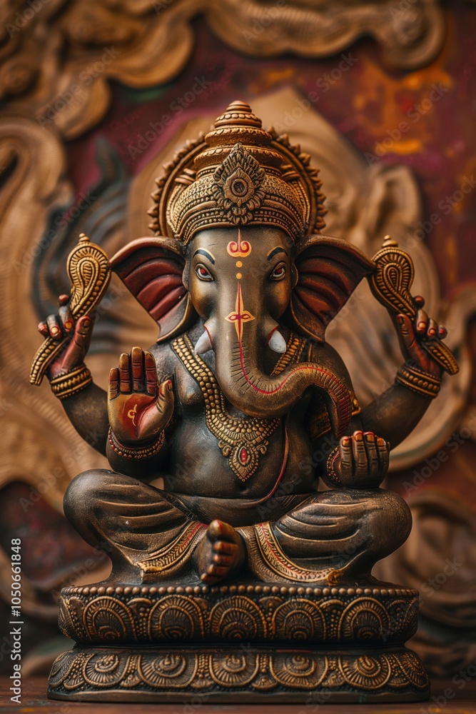 Fototapeta premium Lord ganesha statue sitting in meditation pose, representing wisdom, prosperity, and good fortune in hinduism