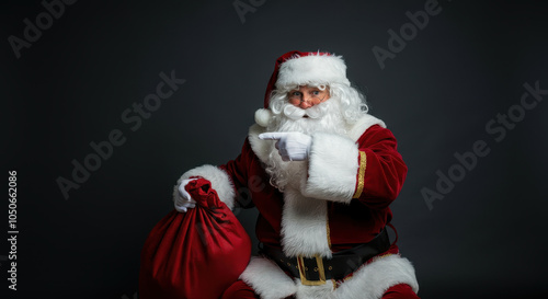 santa claus appointing for copy space beside, smile face, bag of gifts in the ground photo