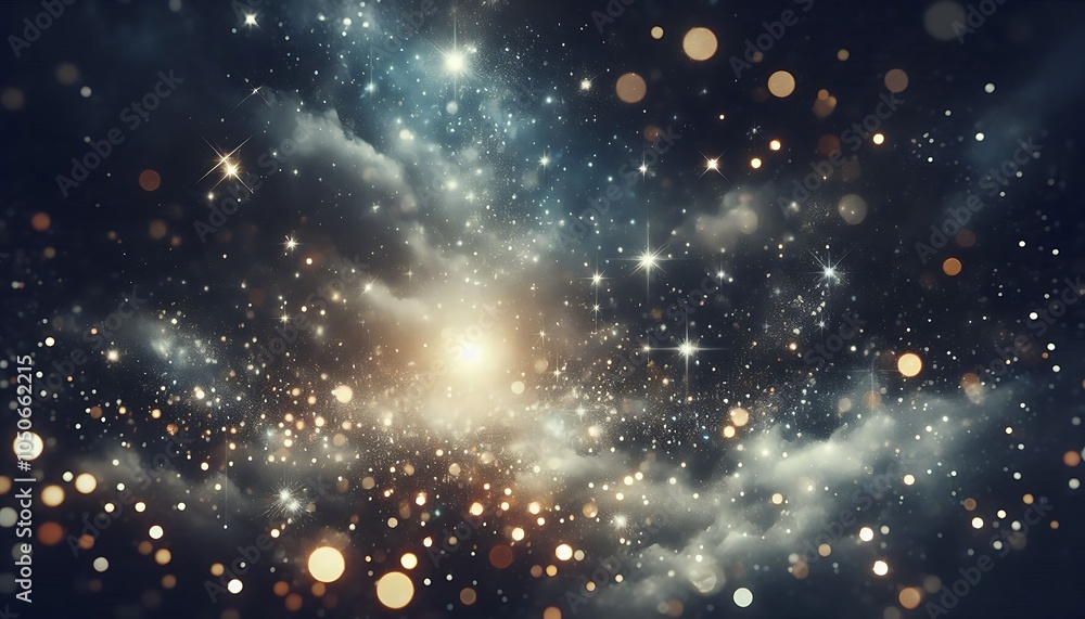 Fototapeta premium Golden Stars on Snowy Sky Glittering stars overlaying dark sky with soft, snowy textures,generative ai
