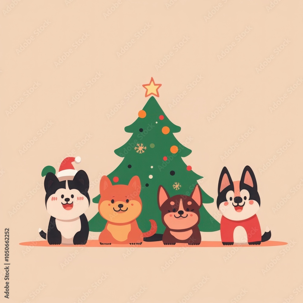 Cute Dogs Gathering Around a Christmas Tree Cute Dogs Gathering Around a Christmas Tree
