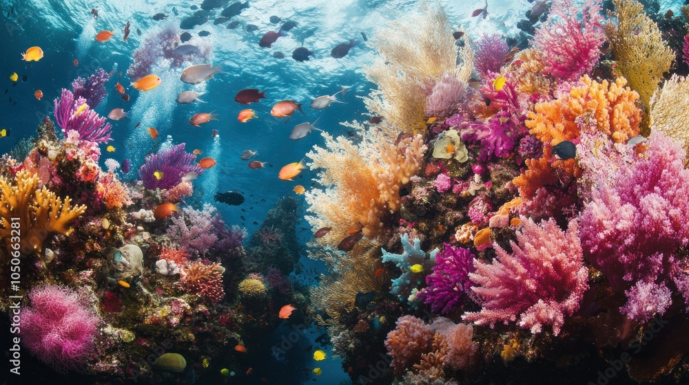 Fototapeta premium A vibrant coral reef teeming with life, showcasing a diverse array of colorful coral and fish species.