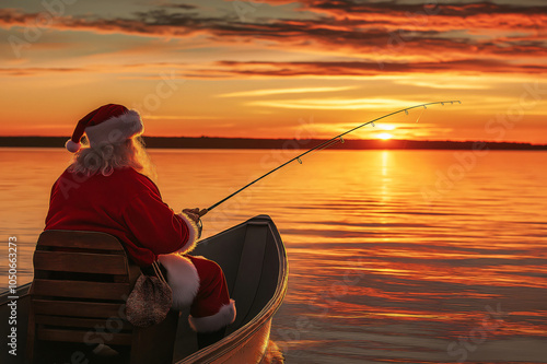 Santa claus is taking a break from his busy schedule, enjoying a peaceful evening fishing from a boat on a serene lake at sunset photo