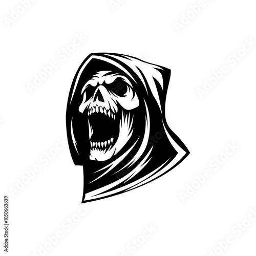 Angry Grim Reaper Silhouette, Black And White Grim Reaper, Isolated On White Background