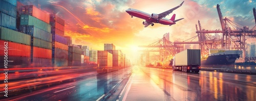 Global logistic hub with import export and container cargo freight train, cargo plane, container truck on highway at city background with copy space, International trade