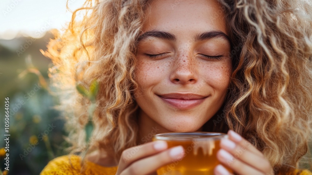 Close-up of a Woman with Curly Hair Enjoying a Cup of Tea Close-up of a Woman with Curly Hair Enjoying a Cup of Tea