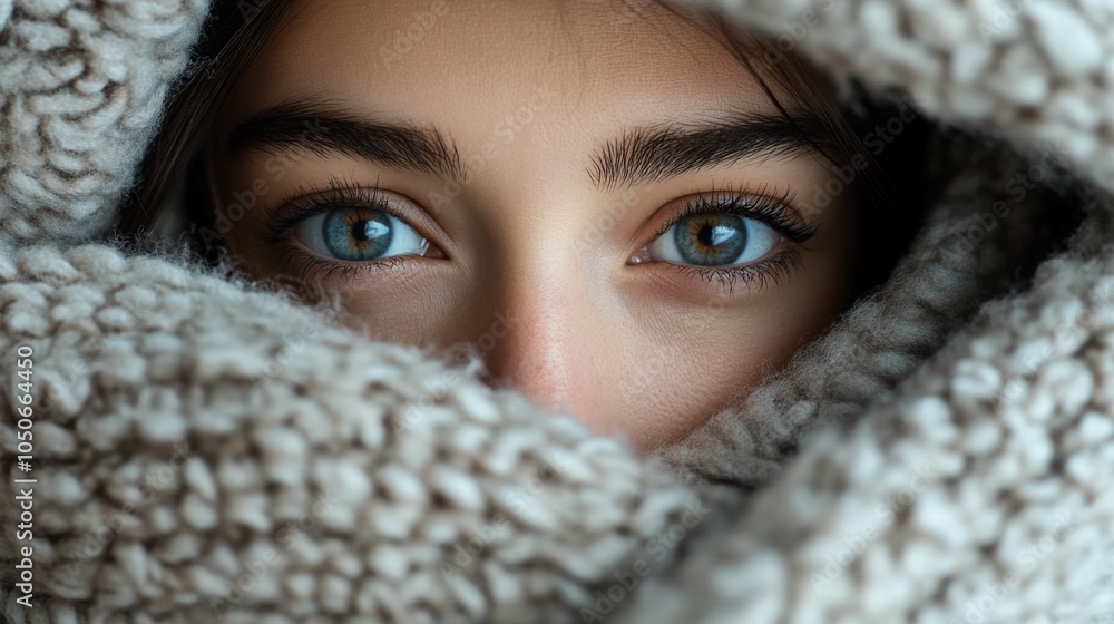 Close-up of a Woman's Eyes Partially Hidden by a Fuzzy Blanket Close-up of a Woman's Eyes Partially Hidden by a Fuzzy Blanket