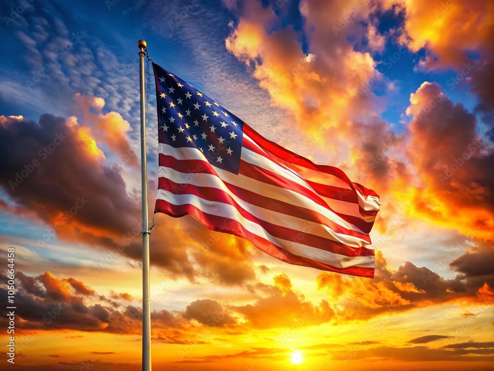 Obraz premium Long Exposure of a Vibrant Flag Waving in the Wind Against a Stunning Sunset Sky