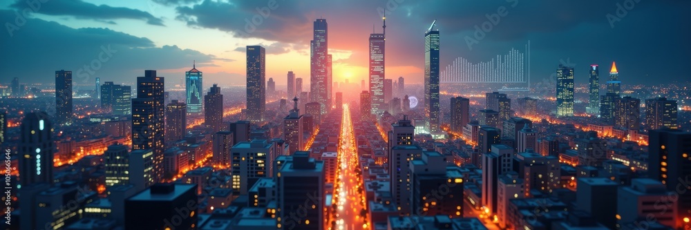Fototapeta premium A stunning panoramic view of a city skyline at sunset, symbolizing opportunities and growth in the stock market. Ideal for finance-related projects.