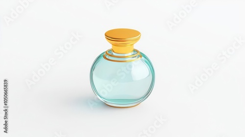 A beautifully designed perfume bottle with a golden cap, showcasing a soft blue liquid, perfect for aesthetic and product photography.