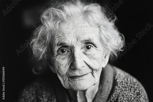 A heartwarming portrait of an elderly woman with wise eyes and stories etched in her wrinkles captured in soft 35mm film