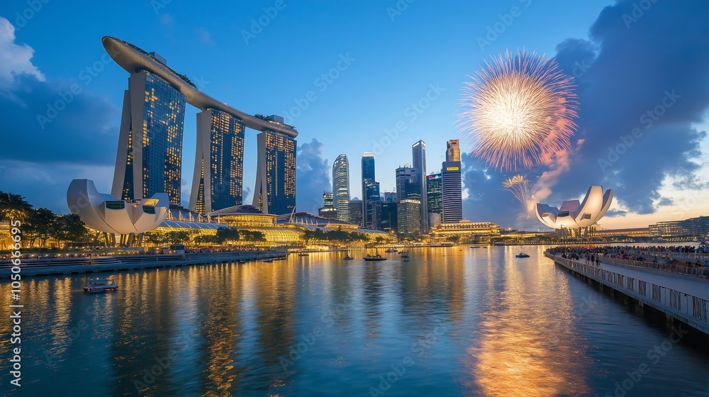 Obraz premium Vibrant and Spectacular Fireworks Display Illuminating a Modern City Skyline, Perfect for Celebrating Festivals and Special Occasions