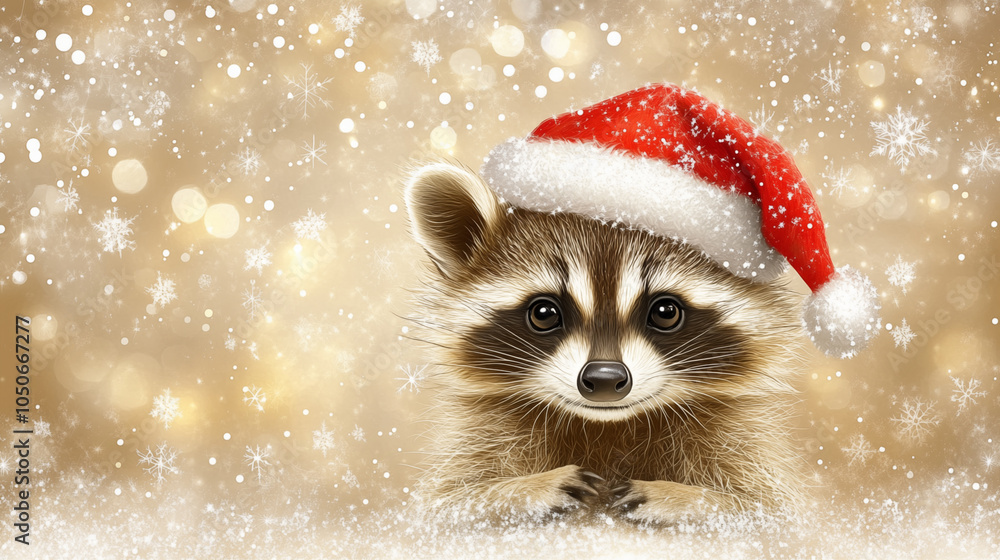 Cute raccoon in a santa hat on Christmas background with bokeh Cute raccoon in a santa hat on Christmas background with bokeh