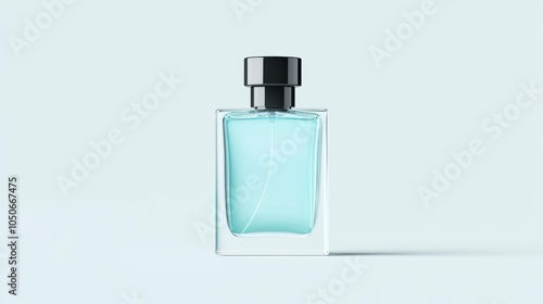 A stylish glass perfume bottle with a black cap, showcasing an alluring turquoise liquid. Perfect for fragrance branding.