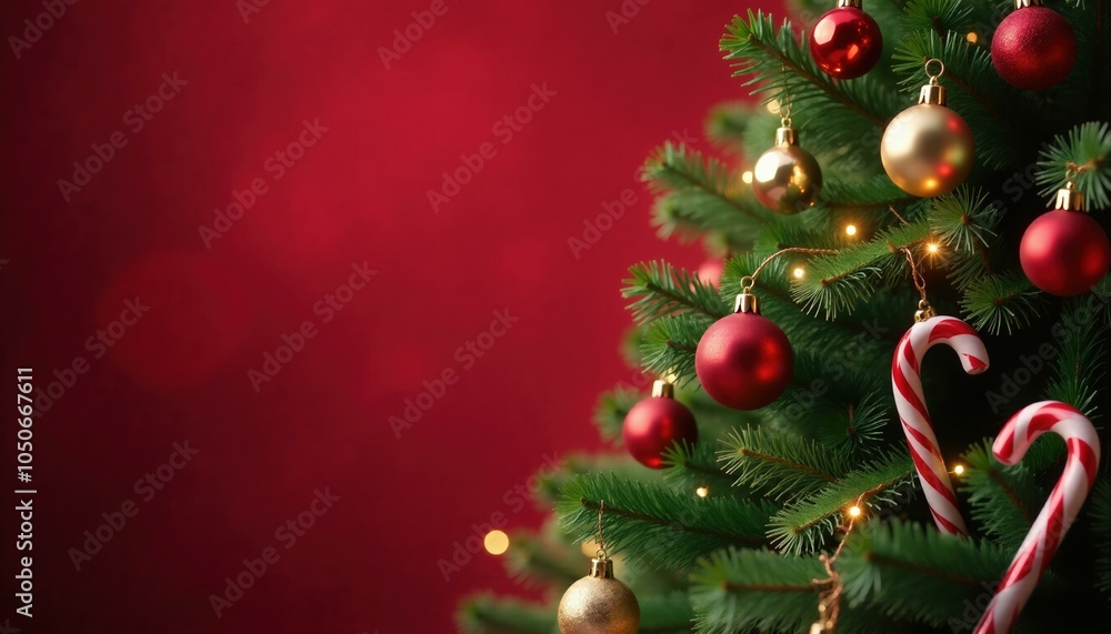 Christmas Tree with Red and Gold Ornaments, Candy Canes and Warm Lights, Festive Holiday Concept. Christmas Tree with Red and Gold Ornaments, Candy Canes and Warm Lights, Festive Holiday Concept.