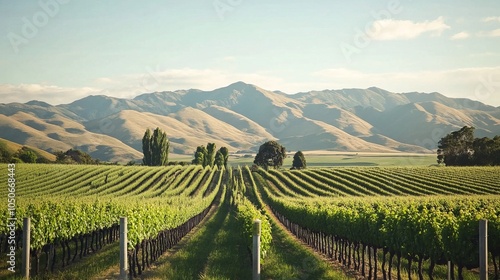 Wallpaper Mural Scenic landscape of marlborough wine region vineyards in new zealand’s renowned wine country, featuring rolling hills, neatly aligned vines, and clear blue sky on a sunny day for a picturesque farming Torontodigital.ca
