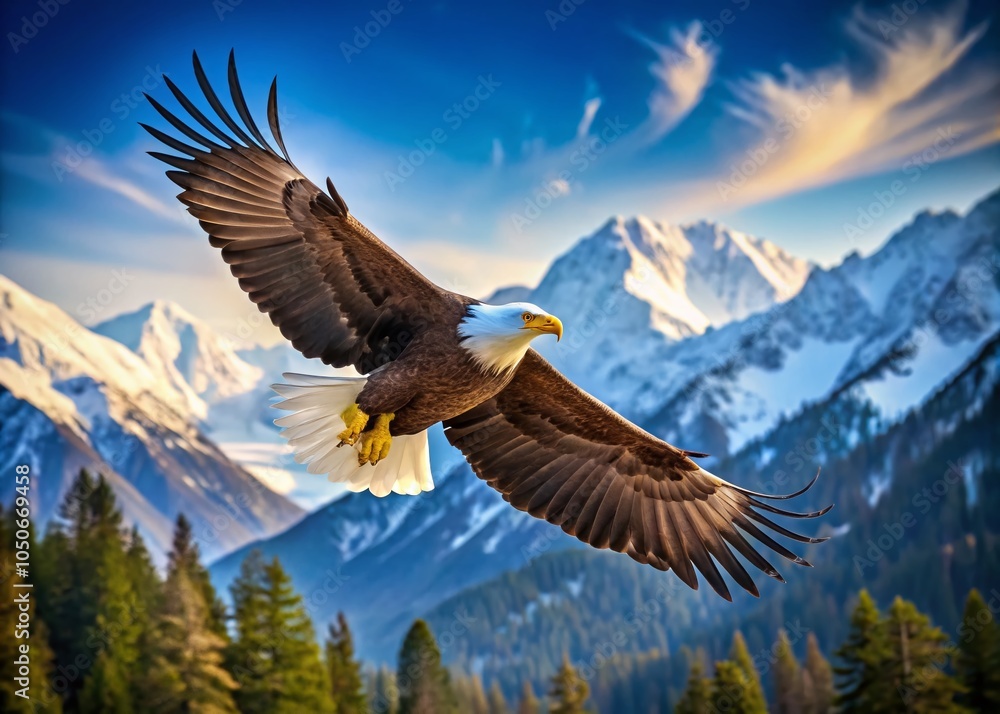 Majestic Bald Eagle in Flight Over Serene Landscape - Wildlife Photography Majestic Bald Eagle in Flight Over Serene Landscape - Wildlife Photography