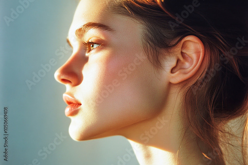 Elegant supermodel profile portrait with soft golden glow and natural makeup showcasing lightness and grace