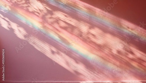 Subtle Sunlight Rainbow on Textured Pink Wall Background. Ideal for Minimalistic, Abstract Designs, Soothing Visuals, LGBTQ+ Concepts, or Inspirational Posters and Website Backgrounds photo