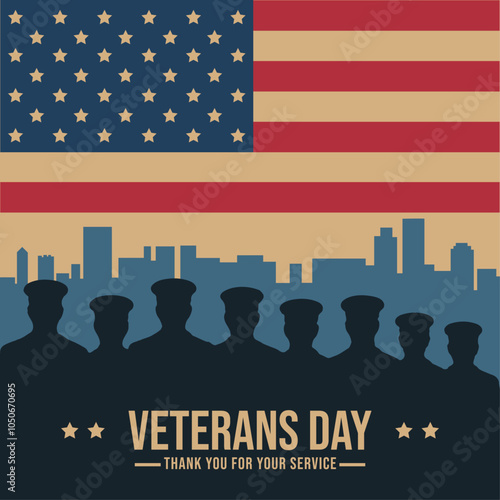 Veterans Day with silhouettes of military personnel, the American flag, and a city skyline, symbolizing respect and gratitude for veterans' service and sacrifice, Vector illustration.