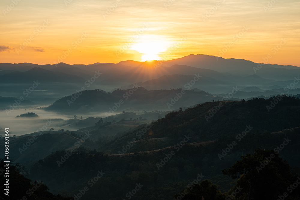 Obraz premium Mountain landscape, nature calm. Sunrise and there is mist in the mountains.