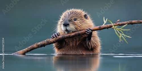 A beaver in Yellowstone National Park is gnawing on an alder branch in the water.