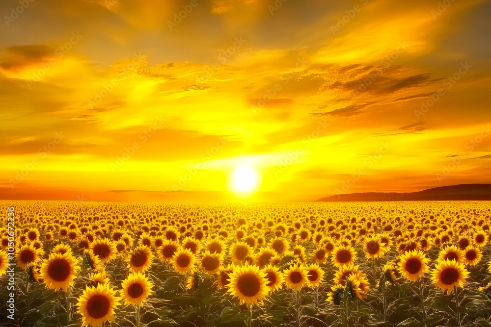 Fototapeta premium A vibrant sunset over a field of sunflowers