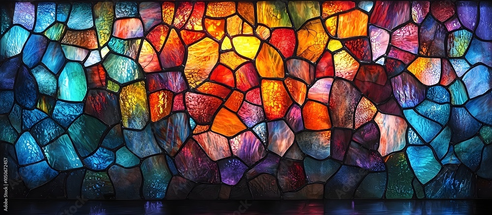 A vibrant stained glass window featuring an abstract design of colorful shards in shades of blue, orange, red, and green, creating a mesmerizing play of light and color. A vibrant stained glass window featuring an abstract design of colorful shards in shades of blue, orange, red, and green, creating a mesmerizing play of light and color.