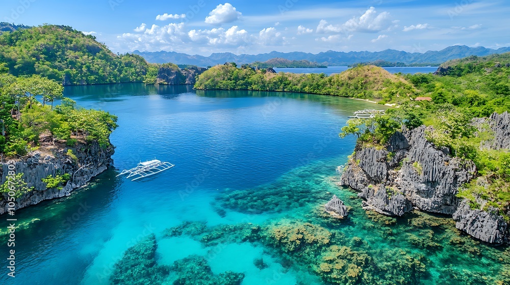 Obraz premium A serene tropical lagoon with crystal-clear turquoise waters, colorful coral reefs visible below, and a small island with lush vegetation