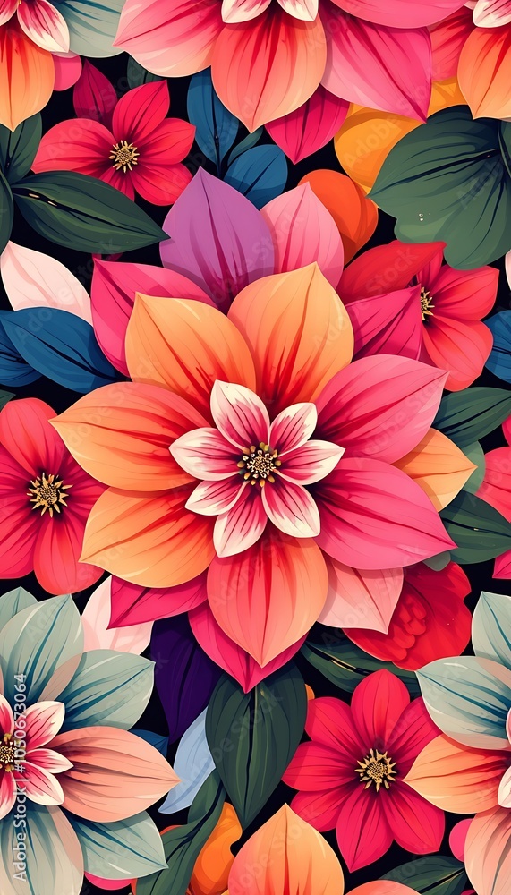 Obraz premium A vibrant decorative design featuring large red and orange flowers with green leaves against a dark backdrop