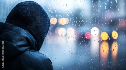 Closeup of someone leaning against a foggy window on a rainy night photo