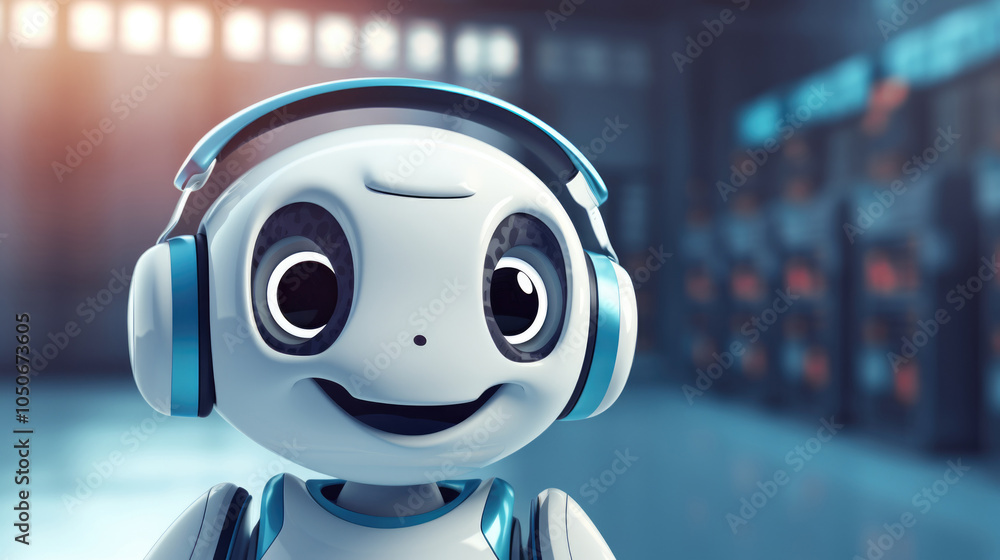 Smiling robot in headphones in a futuristic lab, concept of AI technology, background Smiling robot in headphones in a futuristic lab, concept of AI technology, background