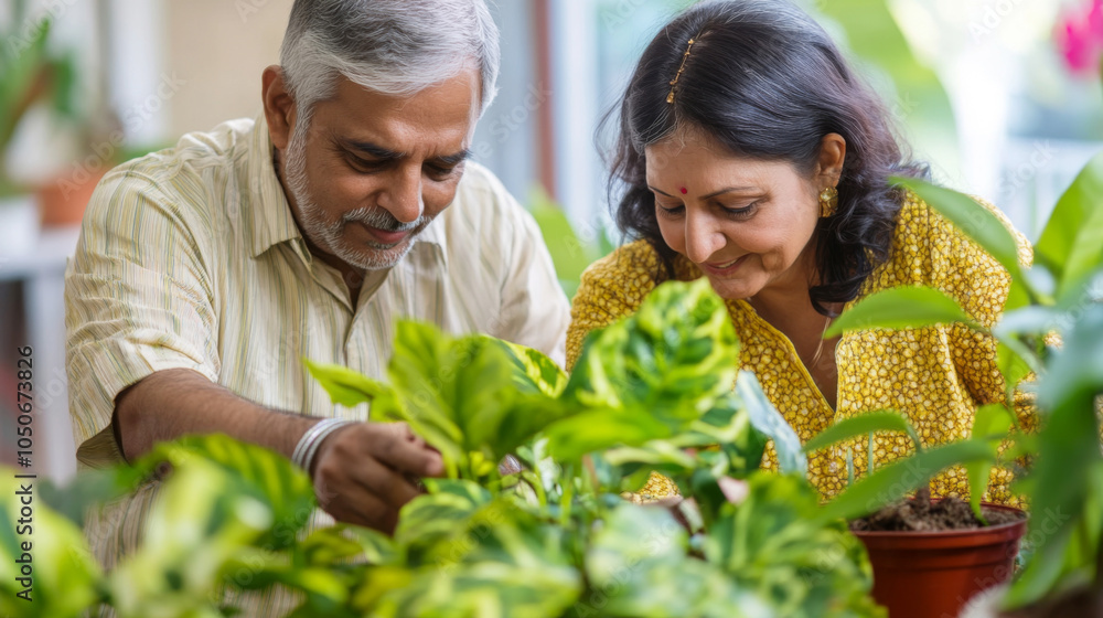 Obraz premium Couple caring houseplants at home. Indian american middle aged man and woman with green plants
