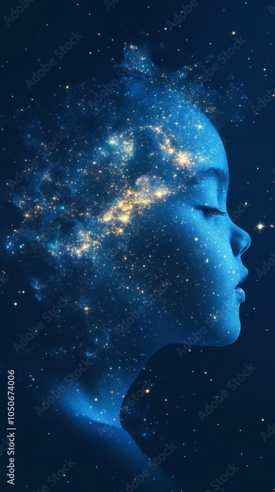 Child silhouette with stars in head, concept of imagination, dreams and universe, dark blue background Child silhouette with stars in head, concept of imagination, dreams and universe, dark blue background