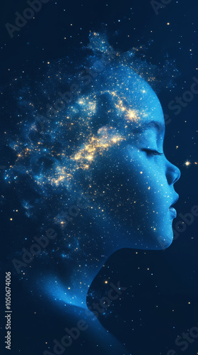 Child silhouette with stars in head, concept of imagination, dreams and universe, dark blue background