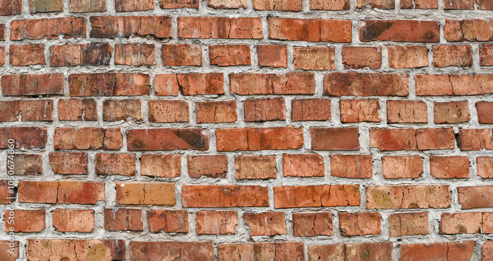 Panorama of red old brick wall. Detailed texture of aged masonry with broken bricks and peeling plaster. Urban, grunge, industrial, abstract backdrop. Pattern of loft interior or exterior background Panorama of red old brick wall. Detailed texture of aged masonry with broken bricks and peeling plaster. Urban, grunge, industrial, abstract backdrop. Pattern of loft interior or exterior background