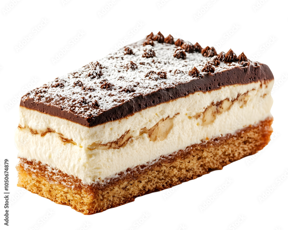 Delectable Layered Banana Cream Cake Slice on Plain White Background Delectable Layered Banana Cream Cake Slice on Plain White Background