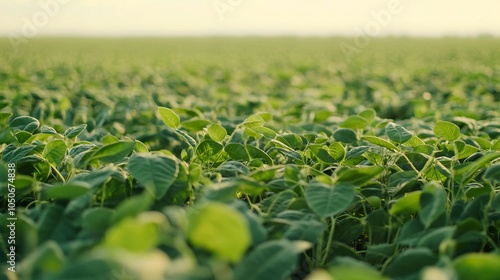 Vibrant soybean field ripening in spring season, showcasing lush green agricultural landscape with rows of healthy crops under clear blue sky for eco-friendly farming and sustainable agriculture visua photo